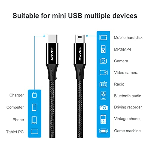 AGVEE 2 Пакет 1FT USB-C До Мини USB Кабел, Плетенка Издржлив Мини-Б 5-Пински За Полнач За Полнење Податоци Тип-Ц OTG Кабел За Херој