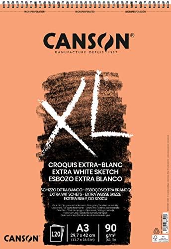 Canson XL Екстра бела скица 90 A4 хартија, фино жито, кратка страна на спирална подлога, 120 листови, идеално за професионални уметници