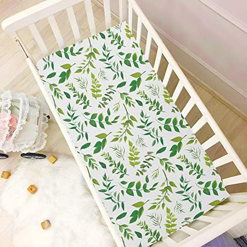 КИЦПОАЈ опремени чаршафи за креветчиња Тропски зелени лисја истегнати преносни листови за игра за бебиња, дишејќи мек мини душек за креветчиња