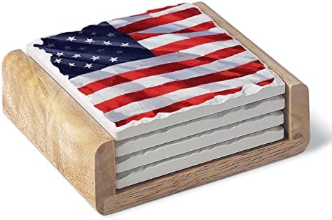 Контраарт Либерти Знаме 4 Пакет Абсорбента Камен Падна Плочка Подлоги Во Дрвен Држач Произведени Во САД Уметнички, Плута Поддржан,