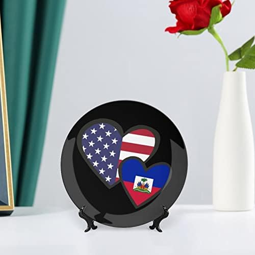 Испреплетени Срца Американско Знаме На Хаити Смешна Коска Кина Декоративна Плоча Тркалезни Керамички Плочи Занает Со Штанд За Прикажување
