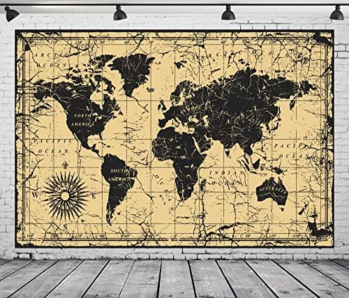 Локатор стариот светски мапа за позадина ткаенина 10x6.5ft гроздобер мапа ретро компас фотографија позадина авантура за патувања