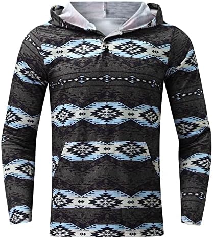 Ацтек џемпери за мажи, западно ретро племенски графички пуловер врвови на етничкото копче за печатење до кошули со долг ракав