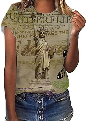 Патриотски кошули за жени со кратки ракави врвови во САД знаме печатена маица тркалезни кошули на вратот Графички лабави вклопени блузи
