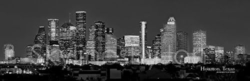 Хјустон Скајлин Фото Печати Необразовано ноќно црно -бел BW Сити во центарот на градот 11,75 инчи x 36 инчи Тексас Фотографски панорама Постер