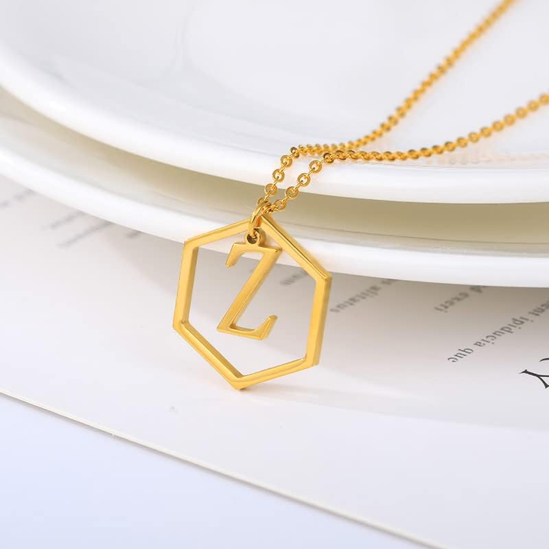 T3store Креативно геометриско буква ѓердан за жени Капитал Почетна а -З -приврзоци Мал шестоаголник на накит Најдобар пријател BFF - F - златна