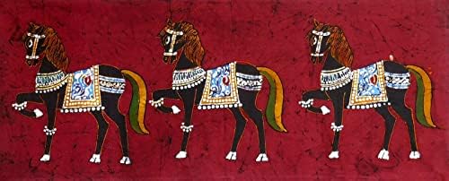 Dollsofindia 3 кралски коњи - 17,5 x 4 инчи - повеќебојно сликарство со батик на крпа - Необрането