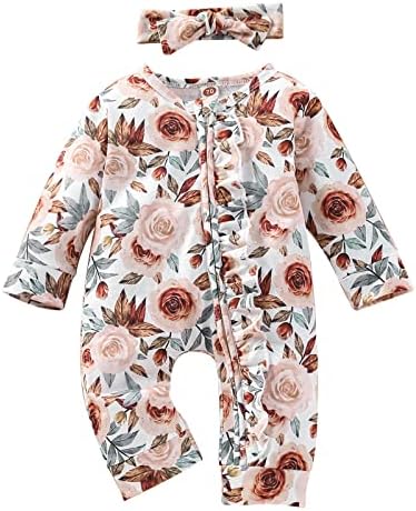 Облека за новороденчиња за девојчиња ромпер облека цветна принт со долги ракави, ромпер -комбинација со глави од 2 парчиња комплети