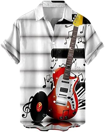 HDDK машко лежерно копче надолу со кошули со краток ракав, летна плажа со редовна ретро музичка нота печати хавајски врвови кошула