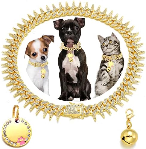 Jantopet Rivet Cuban Link Dog Cool јака 13мм златен ланец кучиња мачка јака со дизајн безбеден токлен бленд CZ Diamond Chain lain јаки