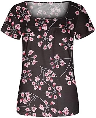 Плоштад врат Спандекс блузи за тинејџерски девојки лето есен кратки ракави цветни графички обични врвни жени 2023 облека 0м