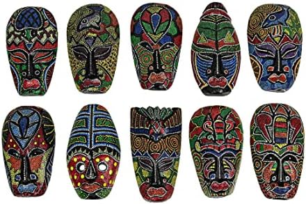 Сет од 10 шарени рачни врежани тропски остров Дот насликани племенски маски 6 1/2 инчи високи wallидни висини