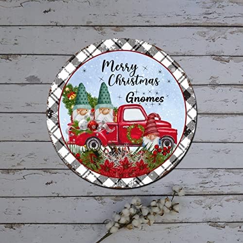 Божиќен венец знаци црвен камион со гном карирана шема дизајн тркалезен метален калај знак затворен божиќен wallид украси Рустикален