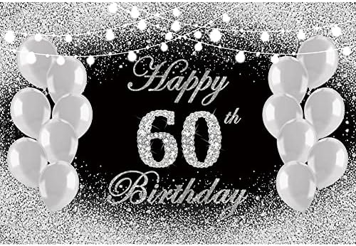 Dorcev 9x6ft Среќен 60 -ти роденденски позадина Сјај за сјај балони со балони со црна и сребрена забава за мажи жени жени 60 -годишнина