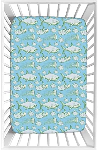 Декоративен вграден креветче за креветчиња, ајкула микрофибер свилен мек дете, вграден лист за душеци, 28 x 52, ретро стил морски