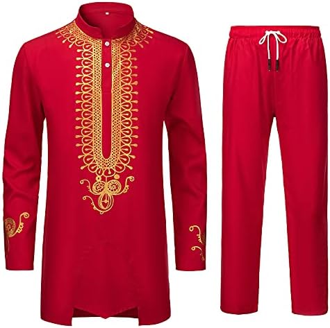 Ynd машки 2 парчиња африкански дашики кошула и панталони сет, облека со златен принт