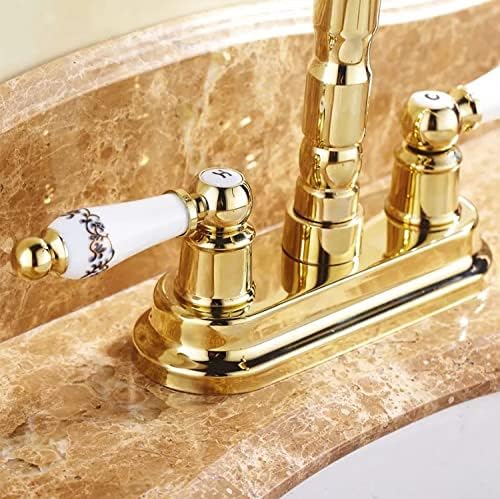 Месинг од златна боја 4 центрисет кујнски сад за бања мијалник две дупки слив за вртење со двојна керамика се справува со вода чешма