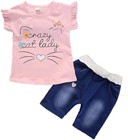 Terbklf Toddler Baby Girls лето стилски стил на кратки ракави врвови за печатење на цртани филмови+тексас шорцеви поставени облеки секојдневно