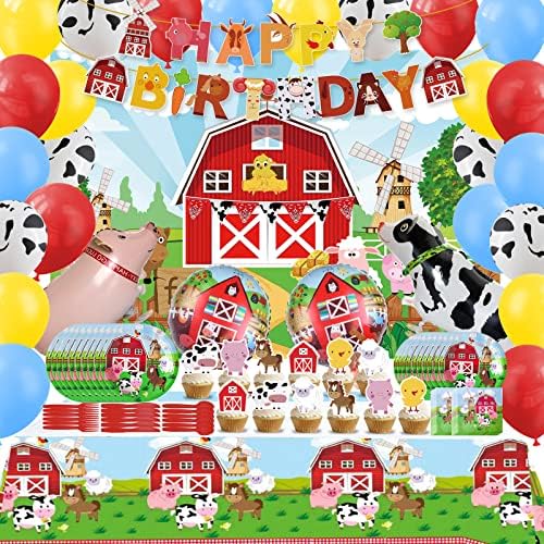 184 Парчиња Фарма За Роденденски Забави За 20 Гости, Украсите За Забави За Животни Вклучуваат Среќен Роденденски Транспарент, Топери