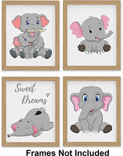 Комплет За Декор За Расадник на слонови Од Четири Уметнички Отпечатоци Од 8 х10 инчи-Одлични За Декор На Ѕидот Во Собата За Бебиња