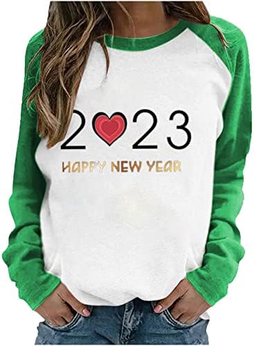 Среќна нова година 2023 година Топ за жени Симпатична празничка маици со срцеви печати со долги ракави кошула трендовски тоничен
