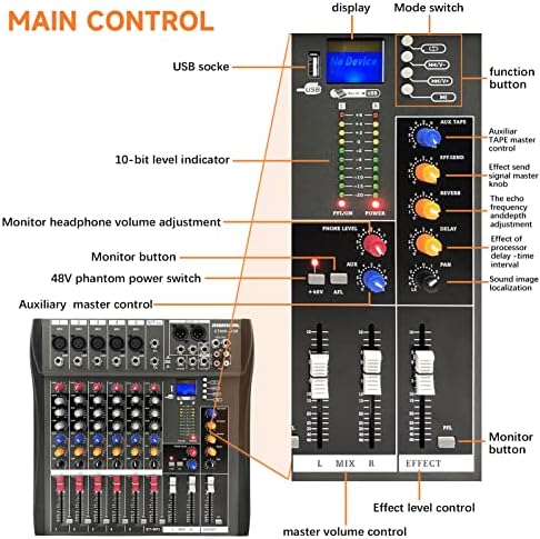 6 канали Аудио миксер за караоке интерфејс за мешање на табла USB Bluetooth Effect Play MP3 Music Audio Record од паметен телефон компјутер