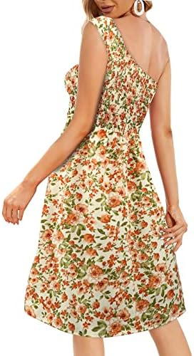 Плус фустан со големина за жени лето, лето здолниште на плажа, цветно едно рамо со средна должина фустан без ремен безжичен фустан