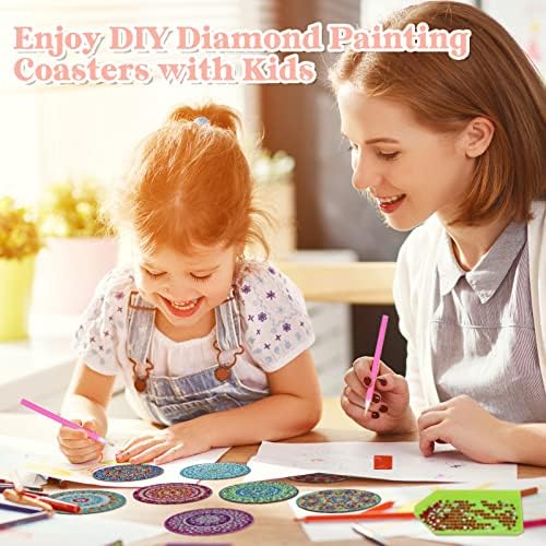 Friusate 8 PCS Diamond Art Comming Colls Coxters With Holder, Mandala Coasters DIY дијамантски занаети, додатоци за уметничко сликарство