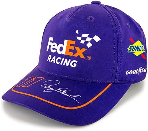 Checked Sports Sports Denny Hamlin 2023 FedEx униформа пит -капа виолетова