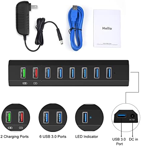 USB Hub, Raoyi 8 пристаништа со голема брзина USB 3.0 центар Сплитер со 36W адаптер за напојување, 3,3ft кабел и паметен брз полнач за полнач USB