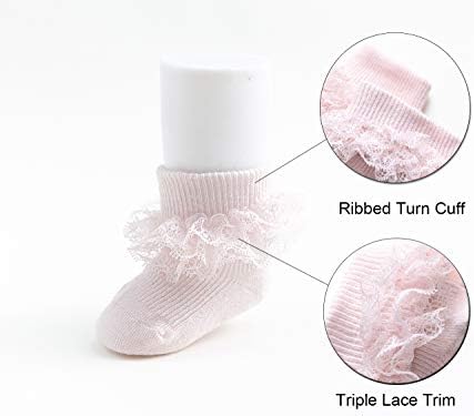 Epeius бебе-девојки, свртете ја манжетната со манжетни со чиста чипка, тројни чипка облечени чорапи, новороденчиња/новороденчиња/мали