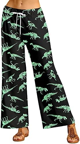 Оунар диносаурус панталони панталони за жени удобни смешни pjs влечење вратоврска половината широка нозе за спиење панталони