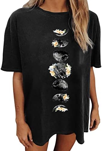 Гроздобер графички кошули за жени 2023 година преголеми летни маици со врвни врати на вратот на вратот од сонцето и месечината на