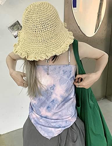 Женска сончева капа корпа капа риболов капа од слама плажа, цврста боја, преклопна шик летна цветна капа за капаче