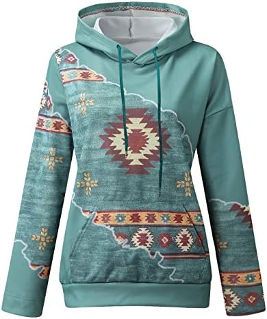 Ifotime Aztec Holdies for Women Pullover Обичен геометриски графички качулка за западно џемпер со долги ракави врвови со џеб