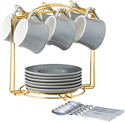 Купови и чинии за еспресо за еспресо поставува 4 мл со лажици и држач за чаши, сет на капучино чаши од 6 - сет за чај за countertop, чајна забава