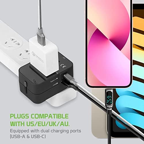 Travel USB Plus Меѓународен адаптер за електрична енергија компатибилен со Samsung GT-I9195 за светска моќ за 3 уреди USB Typec, USB-A за патување