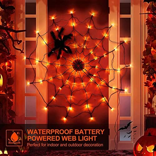 Ноќта на вештерките 70 LED пајачни веб -светла со пајак, 3,28 метри дијаметар портокалови светла за Ноќта на вештерките со 8 режими,