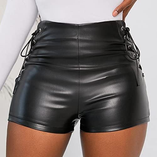 Женски faux кожни шорцеви со висока половината на влечење, кои се наоѓаат во шорцеви, се протегаат црни секси тенки кожни шорцеви за жени