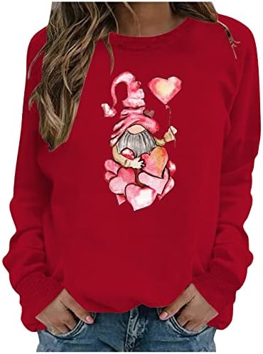 Денот на вinesубените жени џемпери за џемпери забавно гроздобер графички мета хип хоп пулвер со долги ракави кошула симпатична гноми срцева туника