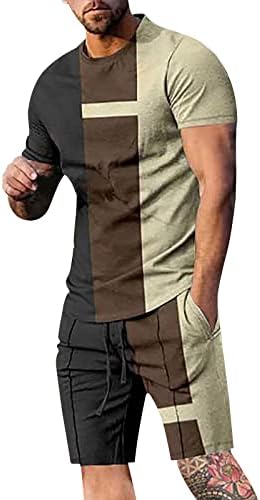 Менс летни обични шорцеви сетови плус големина основна маица на мускулите и кратки спортски костуми за графички печати лапел 2 парчиња