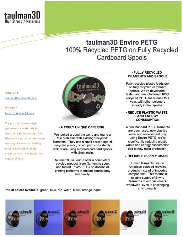Taulman3d Petg Filament Enviro 1,75 mm, 3D печатач потрошен материјал, 1 кг лажица, рециклиран, одговара на повеќето печатачи