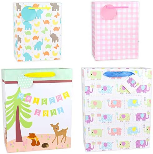 Асортиман за торби за подароци за бебиња, асортиман за подароци со тешка хартија, пакет од 12 мали, средни, дополнителни големи торби за туш