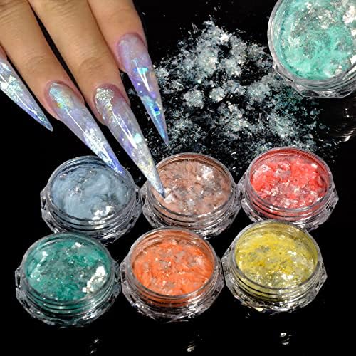 Baiyiyi Opal Chrome Nail сјај во прав 6 пастелно бојата холографска уметност на нокти сјај, сјајна сирена сјај, најистакнати снегулки, нокти