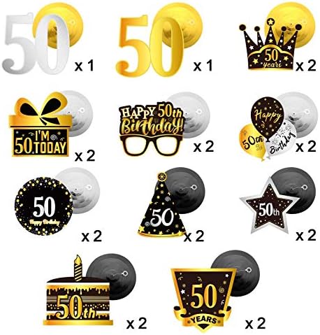 30 парчиња 50 -та роденденска забава што виси вртења украси, црно златно сребро среќна 50 -та забава торта чаши балони потпишуваат фолија вртења