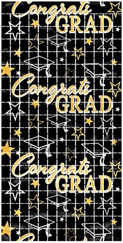 Beistle Command Grad Metallic Plastic Square Fringed Footh Backdrop Завеса за украси за дипломирање, 78 x 38,25, црно/злато/сребро