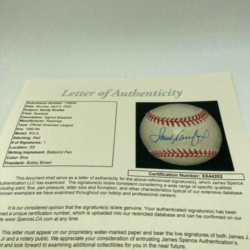 Ница Сенди Куфакс Потпиша Бејзбол Во Американската Лига Со Бејзбол Со Автограм НА ЈСА