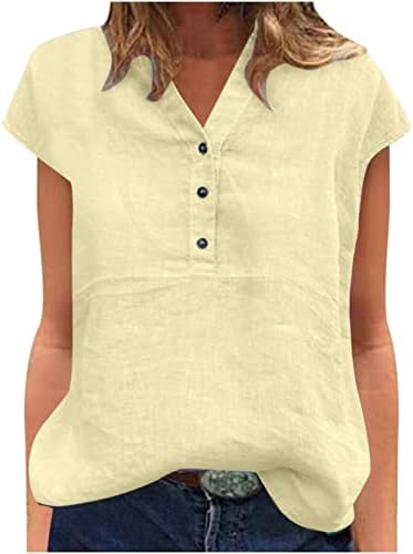 Обичен бранч блузи за дами есен летен краток ракав Хенли против вратот постелнина, тинејџерско девојче копче надолу до NW