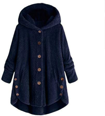 Женски есенски палта плус големина на копчето плишани врвови со капи, лабава кардиганска волна палто Зимски јакна палчиња за надворешна облека