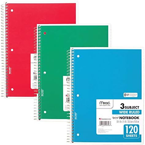 Спирални тетратки од мед, 3 предмет, широка управувана хартија, 120 листови, 10-1/2 x 7-1/2, црвена, зелена, сина, 3 пакет